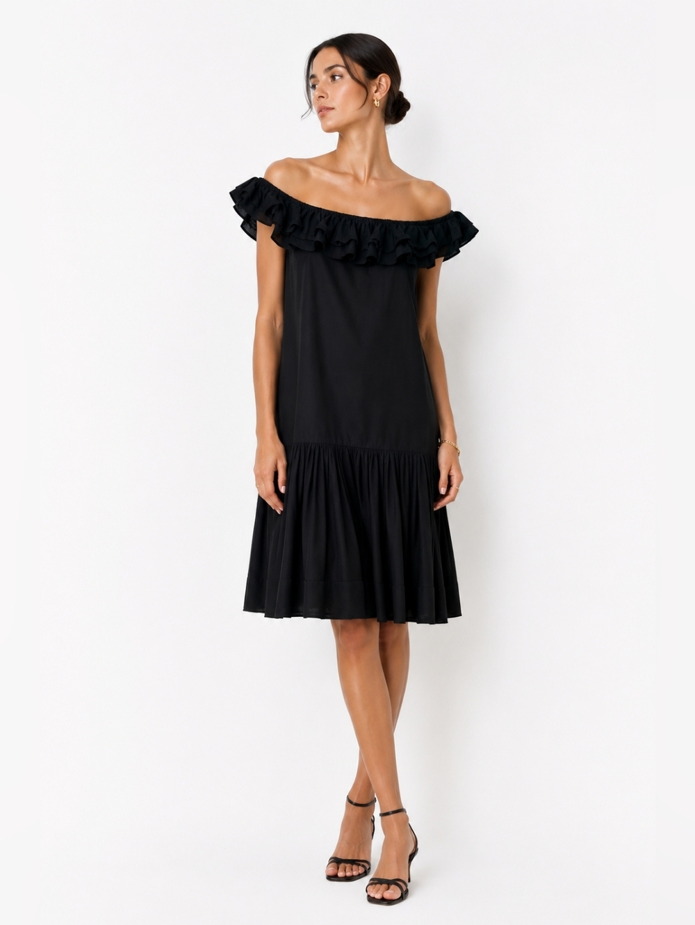 Vintage 80s Albert Nipon Black Off Shoulder Drop Waist Dress Old Money Small